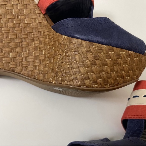 Y2K Jessica Simpson Leather Blue and Red Wedge Sandals Nautical Design Summer - Picture 10 of 14